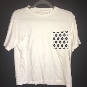 white tshirt, blue pocket